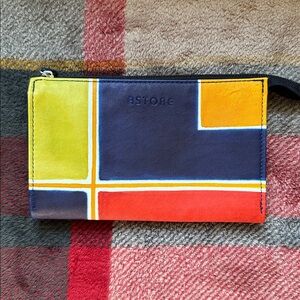 Astore Genuine Leather Color-Block Zip Pouch Bag